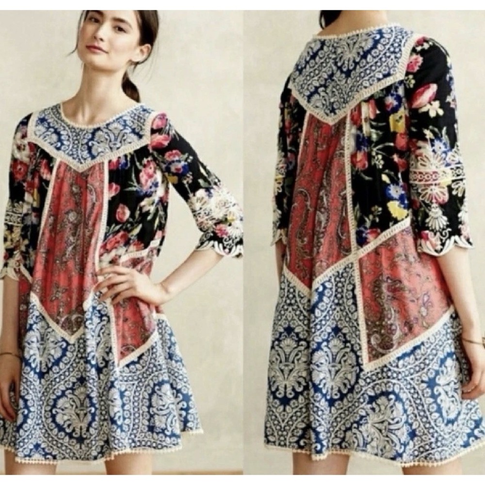 Anthropologie Vanessa Virginia Patchwork Boho Dress Crochet XS Floral Paisley